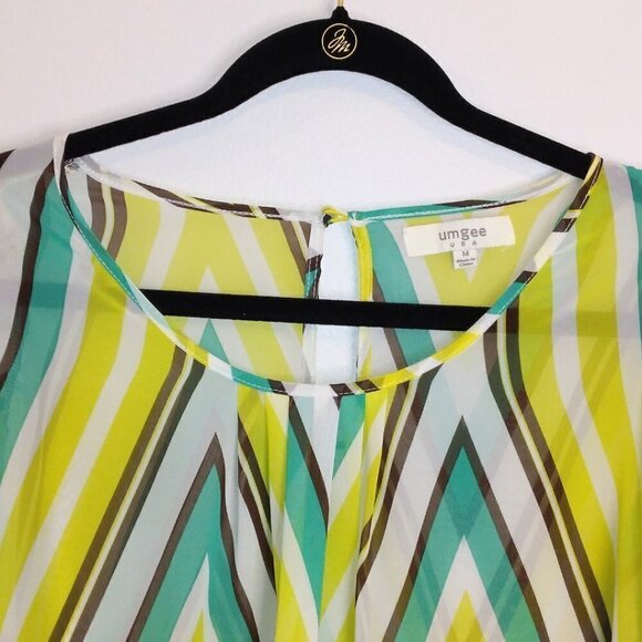 UMGEE COLLECTIONS SHEER GEO PRINT BLOUSE W/ COLD SHOULDER & MID-LENGTH SLEEVES - Picture 2 of 6